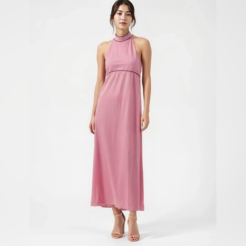 Vintage - 1970’s Pink with Red Piping Halter Maxi Dress Dopamine Dressing